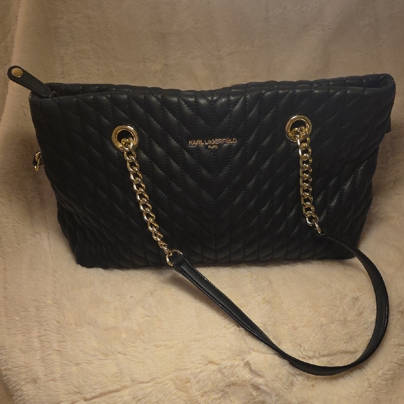 Karl Lagerfeld Black Quilted Shoulder Bag with Gold Chain - Picture 2 of 9